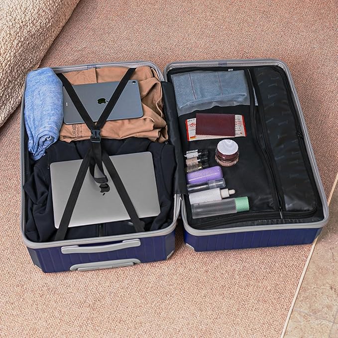 Romswi 3-Piece Carry-On Luggage Set with Cup Holder TSA Lock, 20" Hardside Spinner Suitcase with Duffel Bag, Lightweight Durable PC+ABS Navy Travel Luggage
