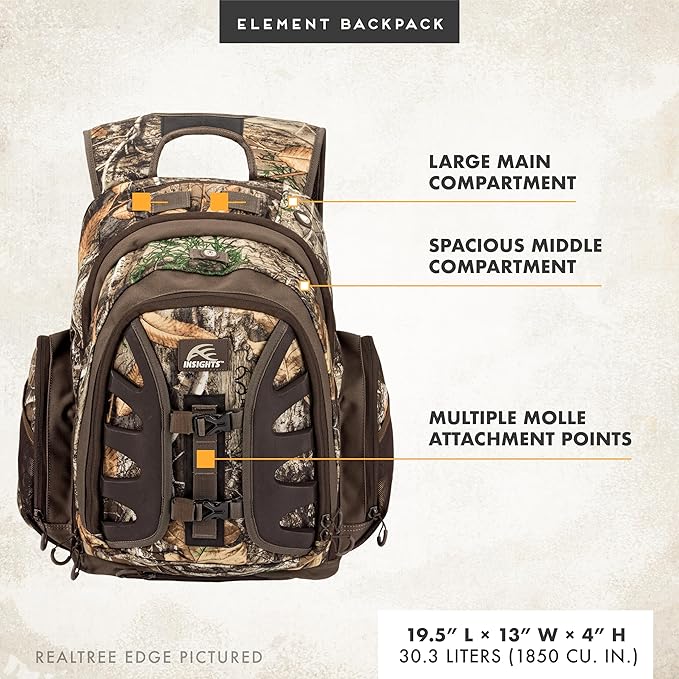 Insights Hunting by frogg toggs - The Element, Heavy Duty 1,831 Cubic Inch Hiking Fishing Camping Hunting Backpack, Solid Elements Brown