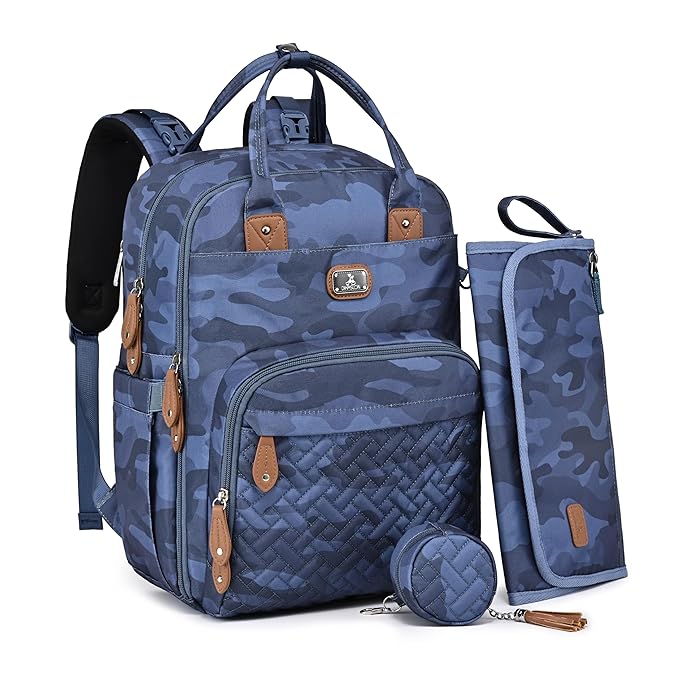 Dikaslon Diaper Bag Backpack with Changing Pad, Pacifier Case and Stroller Straps, Large Unisex Baby Bags for Boys Girls, Camo