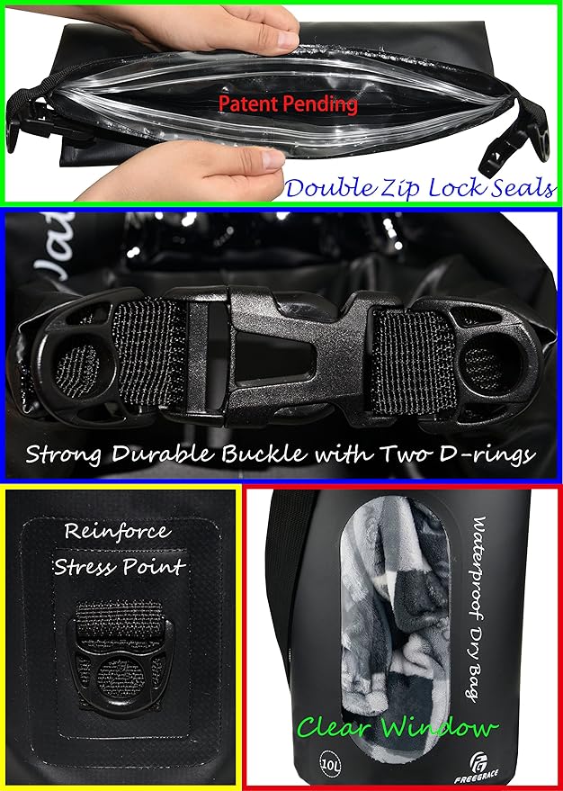 Freegrace Waterproof Dry Bags Set Of 3 Dry Bag With 2 Zip Lock Seals & Detachable Shoulder Strap, Waist Pouch & Phone Case - Can Be Submerged Into Water - For Swimming (Black(Window), 5L)