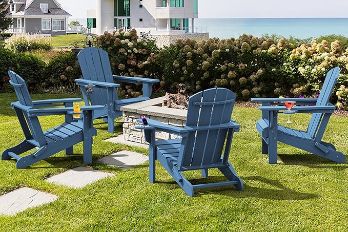 SERWALL Folding Adirondack Chair, HDPE Adirondack Chairs Set of 6, Plastic Outdoor Chairs- Looks Exactly Like Real Wood- Navy