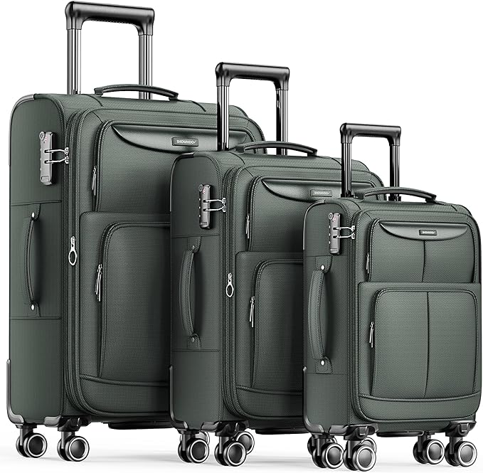 SHOWKOO Luggage Sets 3 Piece Softside Expandable Lightweight Durable Suitcase Sets Double Spinner Wheels TSA Lock Armygreen (20in/24in/28in)