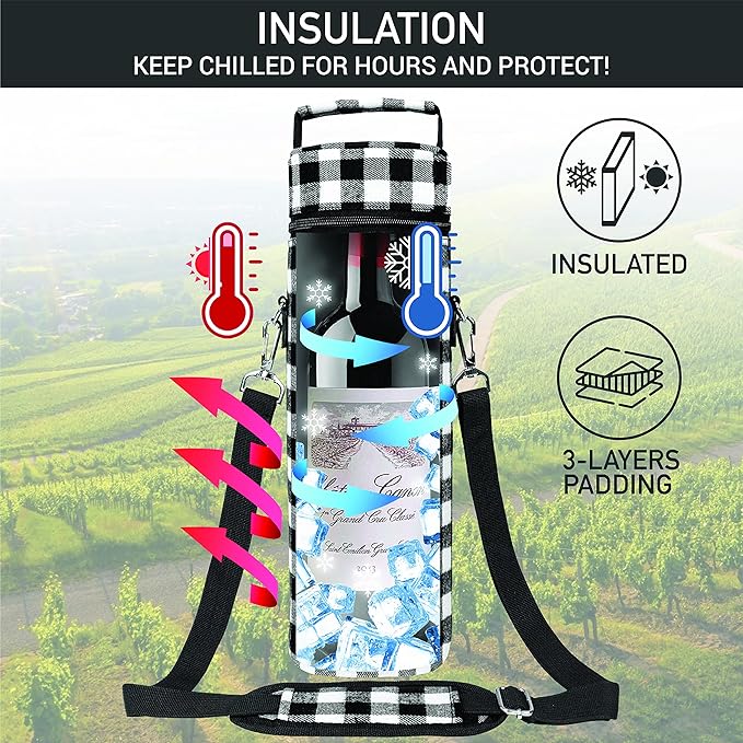opux Wine Bag Single Bottle Carrier Tote, Insulated Wine Cooler Bag for Travel Picnic Beach with Shoulder Strap, Thermal One Bottle Holder Carrying Case Wine Gift for Women Men, Plaid Buffalo White