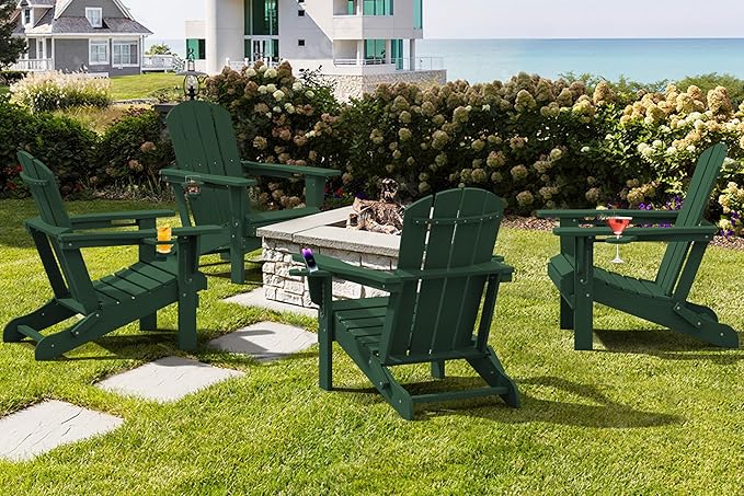 SERWALL Adirondack Chair with Cup Holders - Composite Adirondack Chairs Set of 2 HDPE Outdoor Chairs All Weather Use- Green