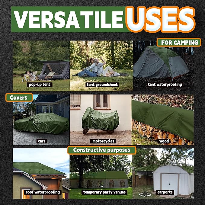 8x8 Feet Tarp Waterproof,9Mil Thick,Finished Size Tarps,UV Resistant,Durable,Multipurpose Poly Tarp Cover with Metal Grommets and Reinforced Edges,Green/Black by RAINDEWAY