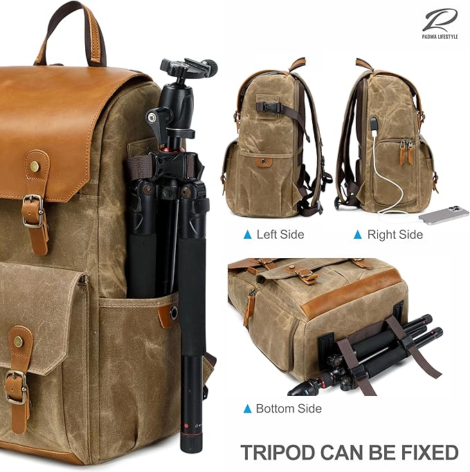 Padwa Lifestyle Khaki Camera Backpack - Waxed Memory Weather Resistant Canvas Camera Bag, Multi DSLR SLR Large Camera Backpacks for Photographers with 16” Laptop & Lens Compartment and Tripod Holder