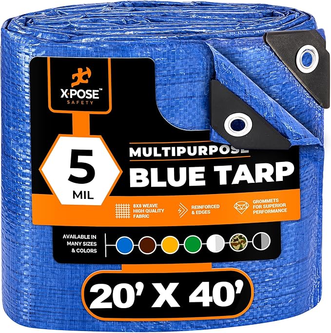 Better Blue Poly Tarp 20' x 40' - Multipurpose Protective Cover - Lightweight, Durable, Waterproof, Weather Proof - 5 Mil Thick Polyethylene - by Xpose Safety