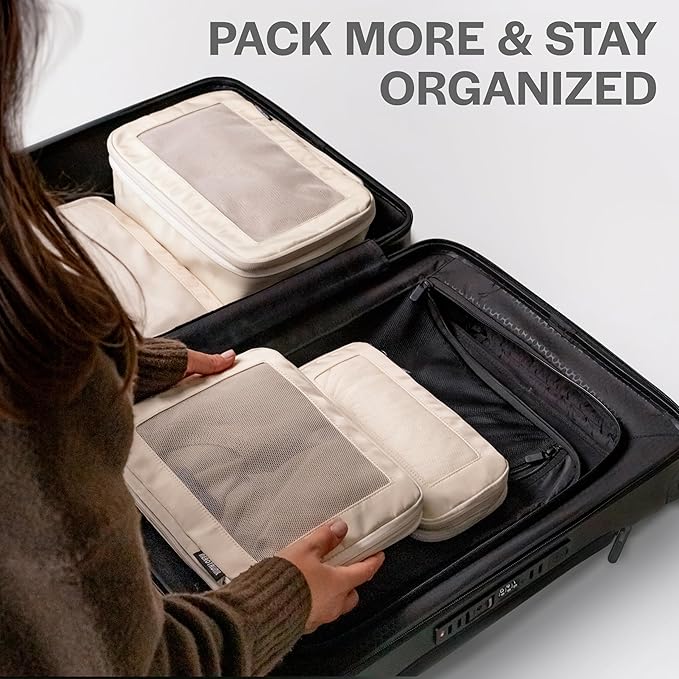 Compression Packing Cubes for Travel - Luggage Organizer Bags - Double Zipper Packing Cubes for Suitcases (4-Pack, Beige)