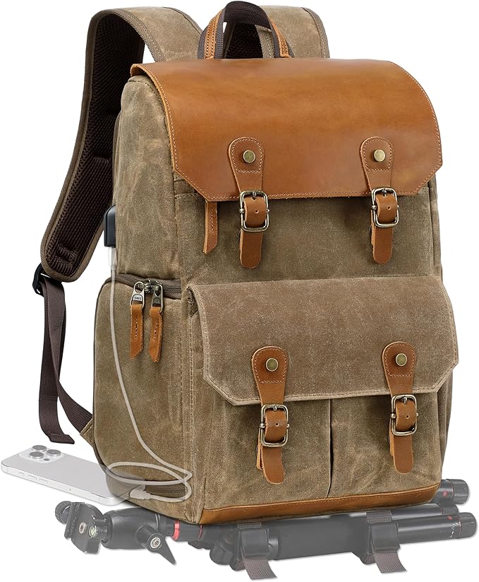 Padwa Lifestyle Khaki Camera Backpack - Waxed Memory Weather Resistant Canvas Camera Bag, Multi DSLR SLR Large Camera Backpacks for Photographers with 16” Laptop & Lens Compartment and Tripod Holder