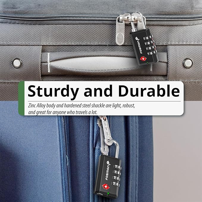Fosmon TSA Approved Locks for Luggage/Suitcase with Open Alert Indicator (2 Pack), Heavy Duty Gun Safe Lock for Gun Case, 4 Digit Shackle Combination Padlock for Travel, Backpack Zipper, Gym Locker
