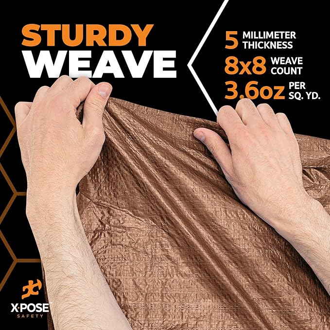 Multipurpose Protective Cover Brown Poly Tarp 20' x 30' - Durable, Water Resistant, Weather Resistant - 5 Mil Thick Polyethylene - by Xpose Safety