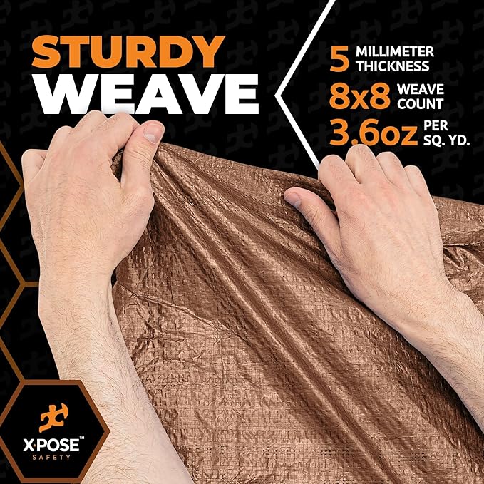 Multipurpose Protective Cover Brown Poly Tarp 10' x 12' - Durable, Water Resistant, Weather Resistant - 5 Mil Thick Polyethylene - by Xpose Safety