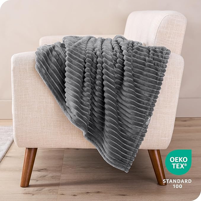 Bare Home Textured Fleece Blanket - Full/Queen - Ultra-Soft Lightweight for Bed, Sofa, and Couch - Luxury Microplush - Cozy Warm Blanket (Full/Queen, Ribbed Grey)