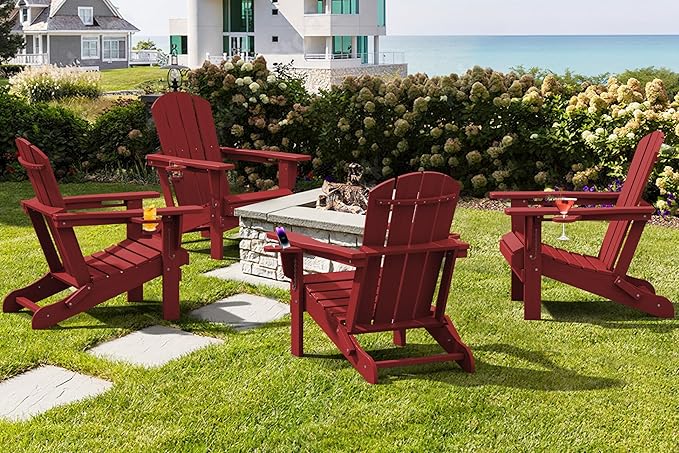 SERWALL Adirondack Chair with Cup Holders - Composite Adirondack Chairs Set of 8 HDPE Outdoor Chairs All Weather Use- Dark Red