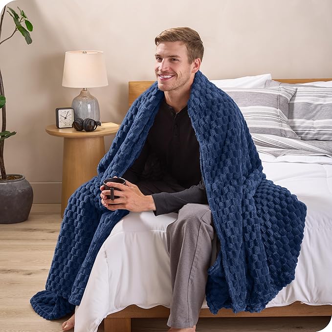 Bare Home Textured Fleece Blanket - Twin/Twin Extra Long - Ultra-Soft Lightweight for Bed, Sofa, and Couch - Luxury Microplush - Cozy Warm Blanket (Twin/Twin XL, Waffle Dark Blue)