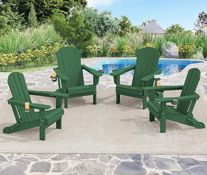 SERWALL Adirondack Chair with Cup Holders - Composite Adirondack Chairs Set of 2 HDPE Outdoor Chairs All Weather Use- Green