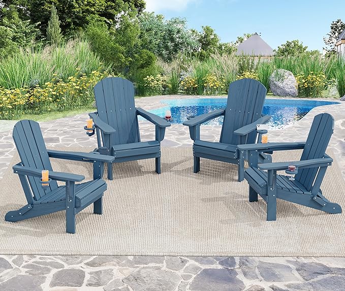 SERWALL Folding Adirondack Chair, HDPE Adirondack Chairs Set of 6, Plastic Outdoor Chairs- Looks Exactly Like Real Wood- Navy