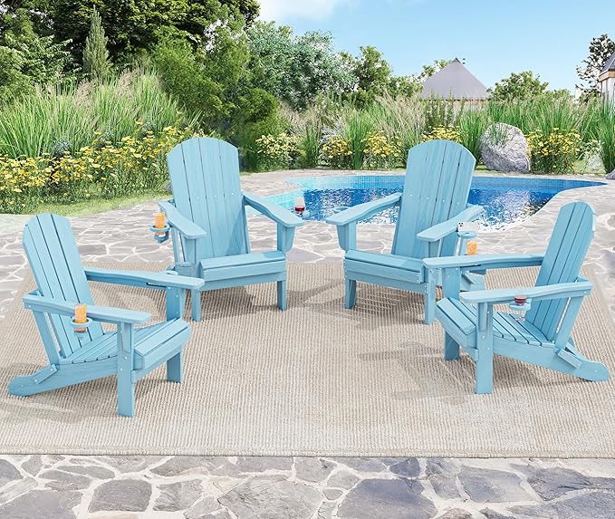 SERWALL Adirondack Chair with Cup Holders - Composite Adirondack Chairs Set of 6 HDPE Outdoor Chairs All Weather Use- Light Blue