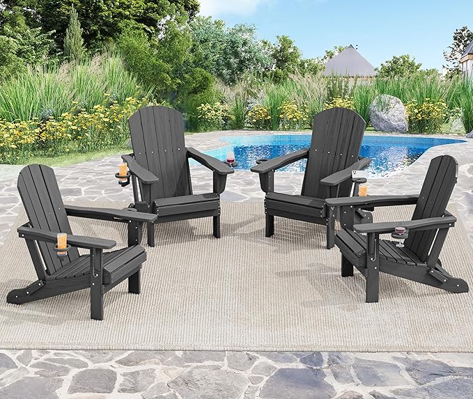 SERWALL Foldable Adirondack Chair Set of 2, HDPE Adirondack Chair with Wood-Texture-Gray