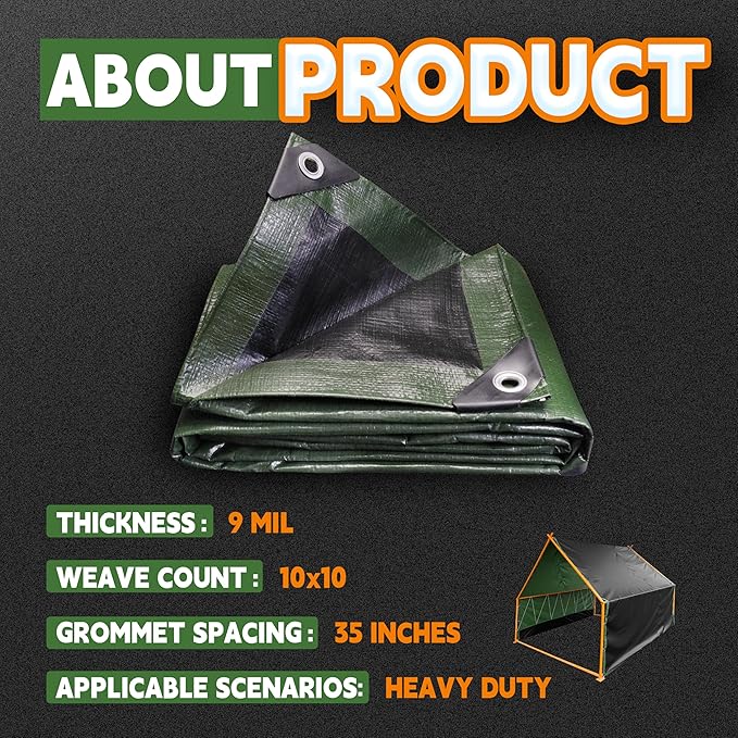 4x6 Feet Tarp Waterproof,Small Tarp,9Mil Thick,Finished Size Tarps,UV Resistant,Durable,Multipurpose Poly Tarps Cover with Metal Grommets and Reinforced Edges,Green/Black by RAINDEWAY