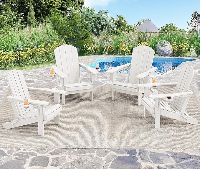 SERWALL Adirondack Chair with Cup Holders - Composite Adirondack Chairs Set of 4 HDPE Outdoor Chairs All Weather Use- White