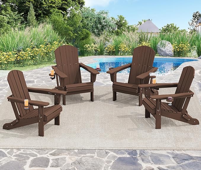 SERWALL Adirondack Chair with Cup Holders - Composite Adirondack Chairs Set of 6 HDPE Outdoor Chairs All Weather Use- Coffee